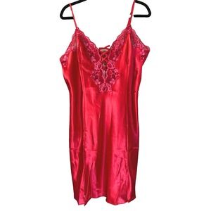VTG Y2K Fredericks of Hollywood Women 1X Slip Dress Red Lace Chemise Teddy Retro